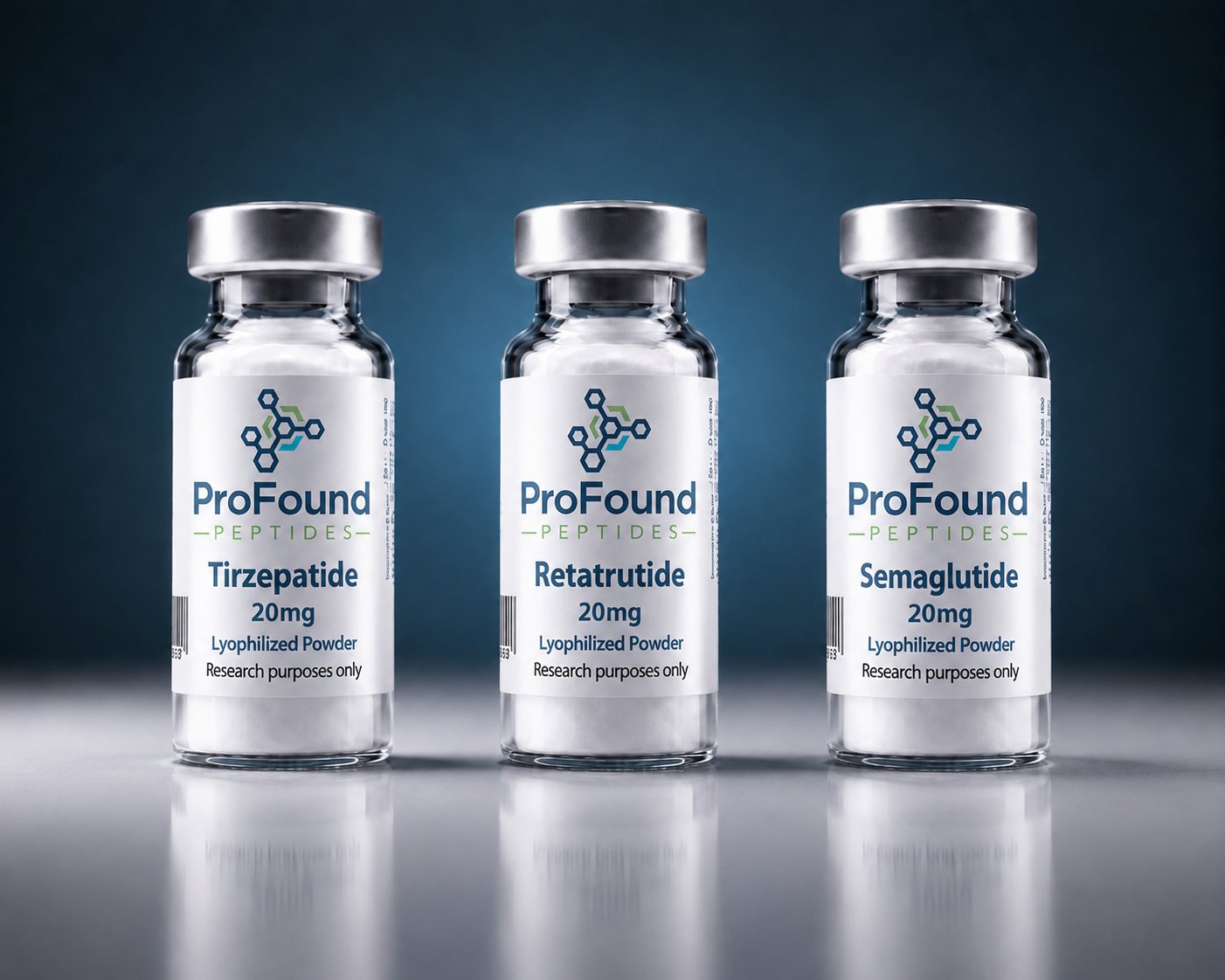 ProFound Peptides Tirzepatide, Retatrutide, and Semaglutide research vials
